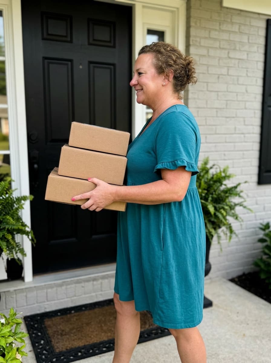 Erin on the porch holding a stack of delivery boxes