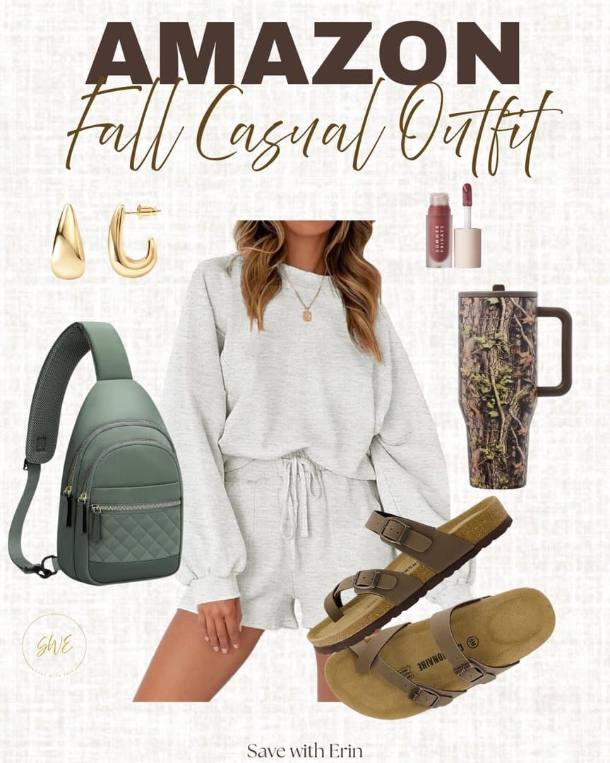 Fall casual outfit board: matching set, sling bag, sandals