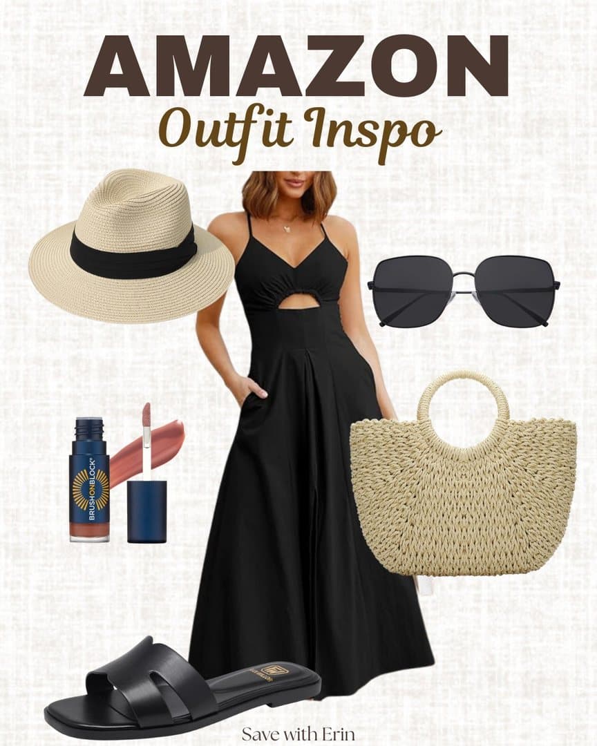 Amazon outfit inspo board: black maxi dress, straw hat and tote, sandals