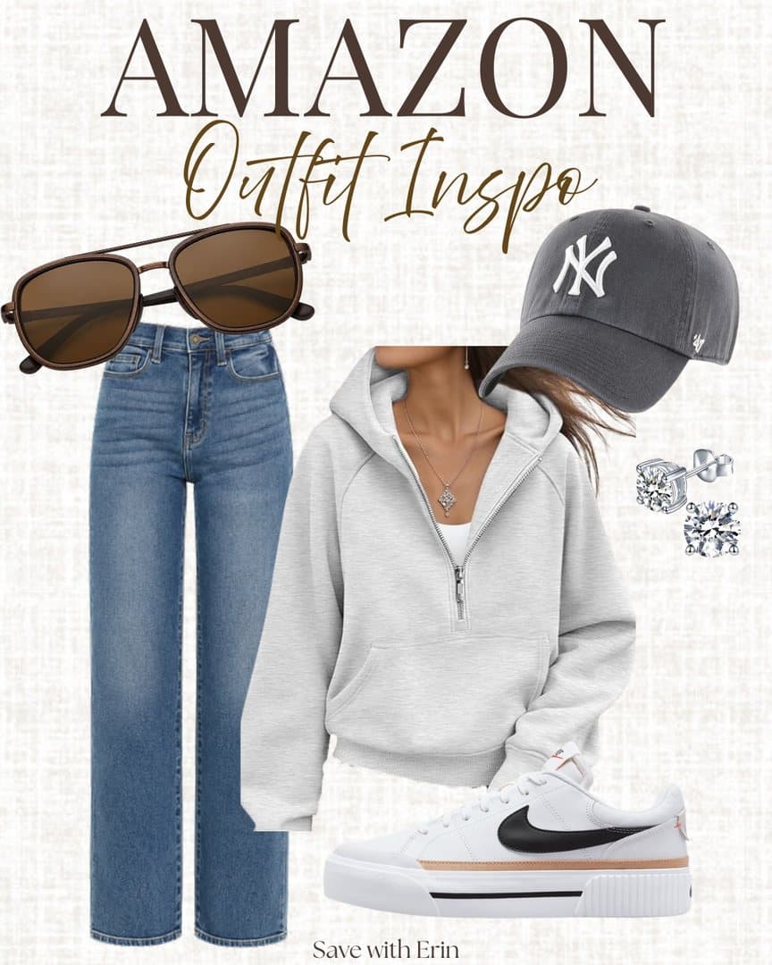 Amazon athletic outfit board: hoodie, jeans, cap, sneakers