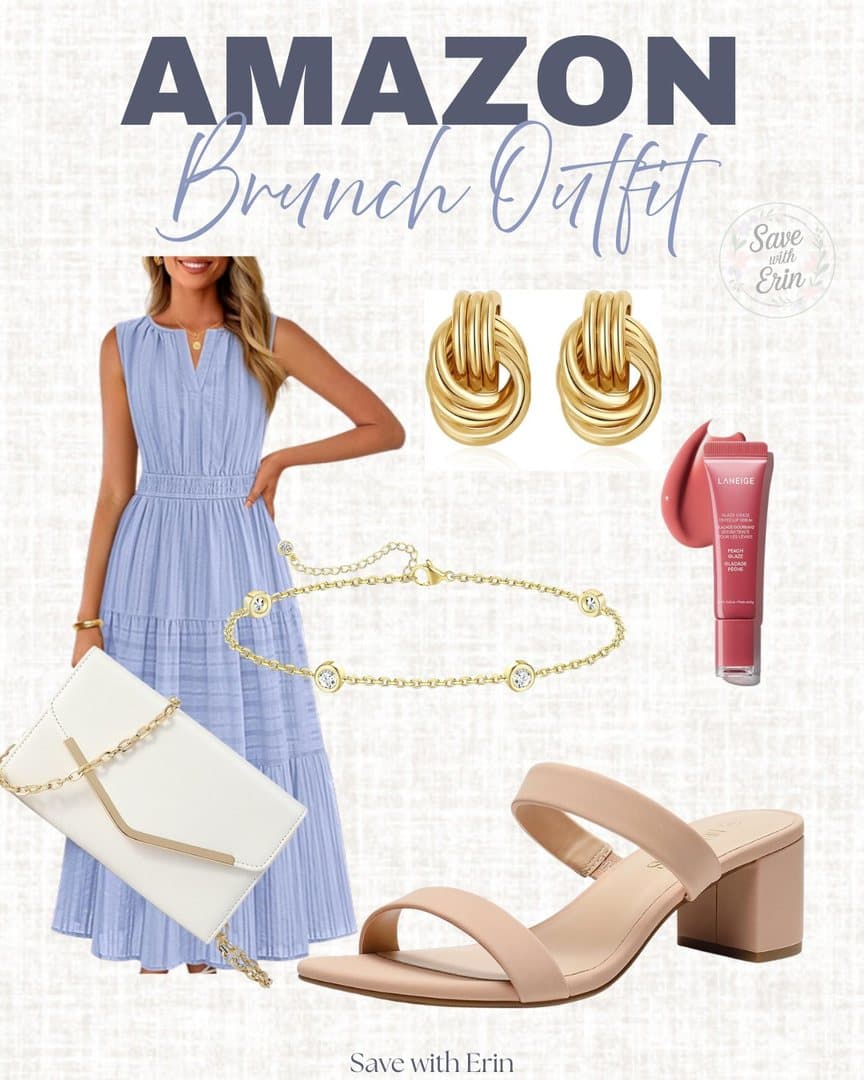 Amazon brunch outfit board: blue midi dress, gold earrings, nude heels