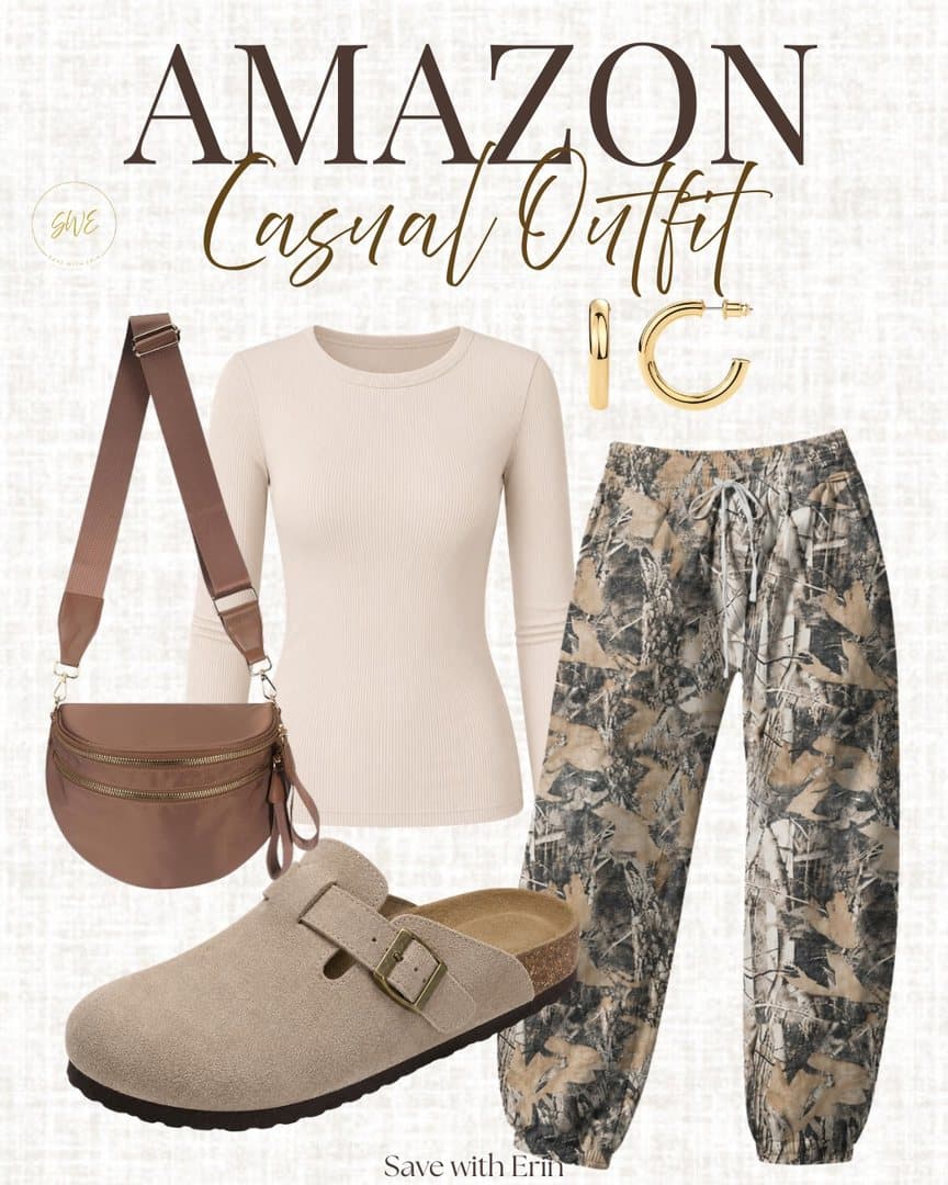 Casual outfit board: cream top, camo joggers, clogs, crossbody