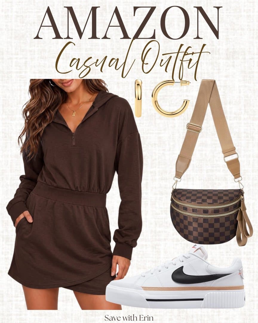 Casual outfit board: brown hoodie dress, checkered bag, sneakers