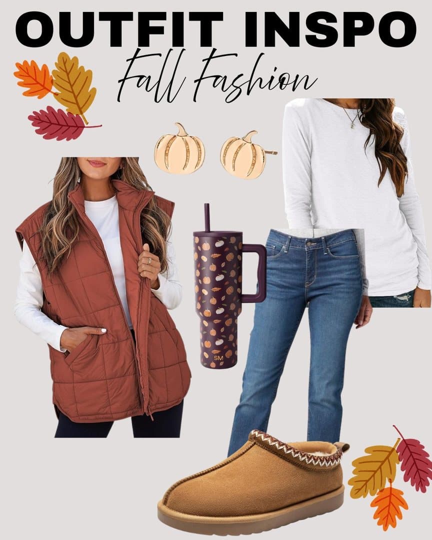 Fall fashion outfit inspo board: puffer vest, jeans, slippers