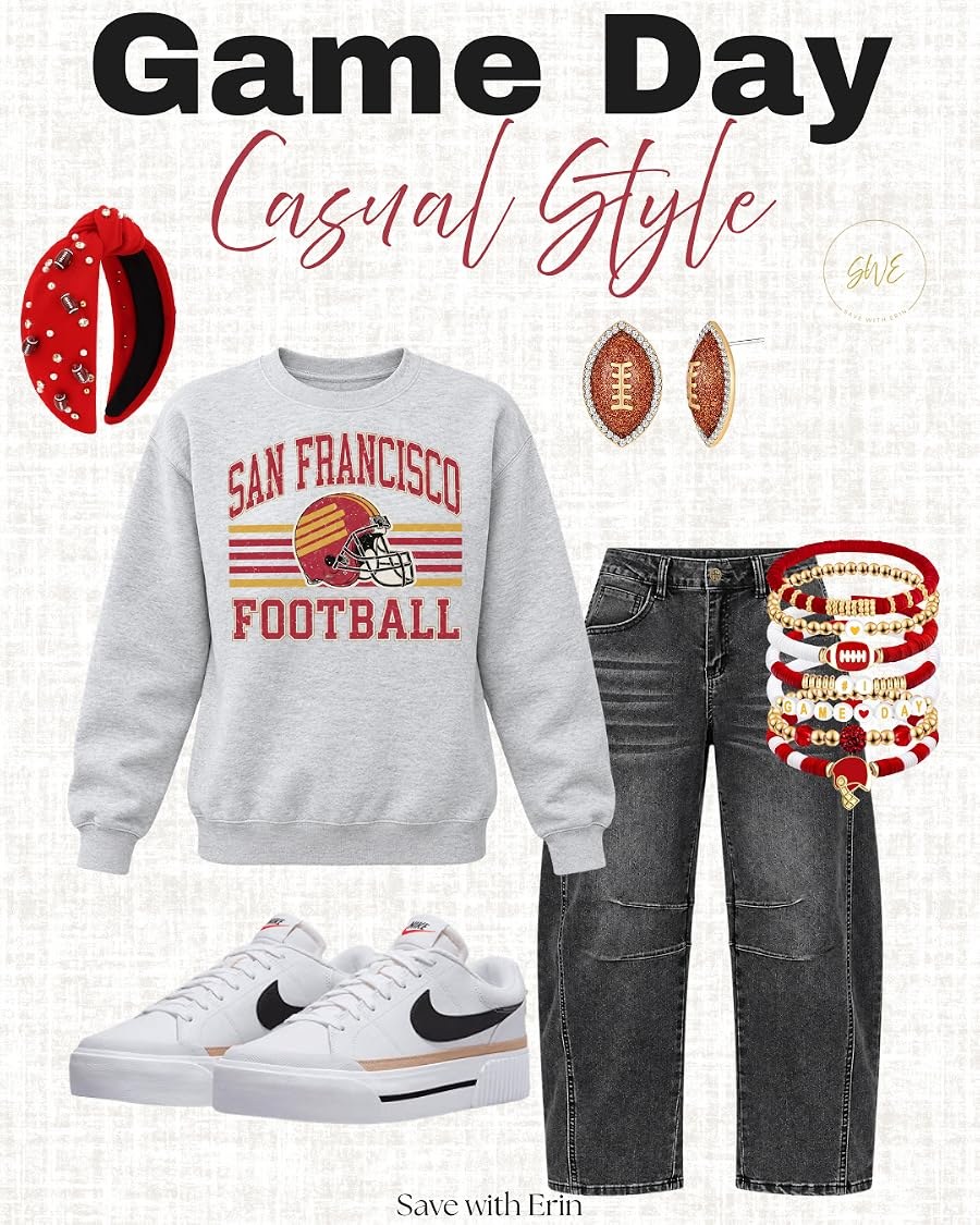 San Francisco 49ers game day outfit collage: throwback football sweatshirt, relaxed black jeans, and red accessories