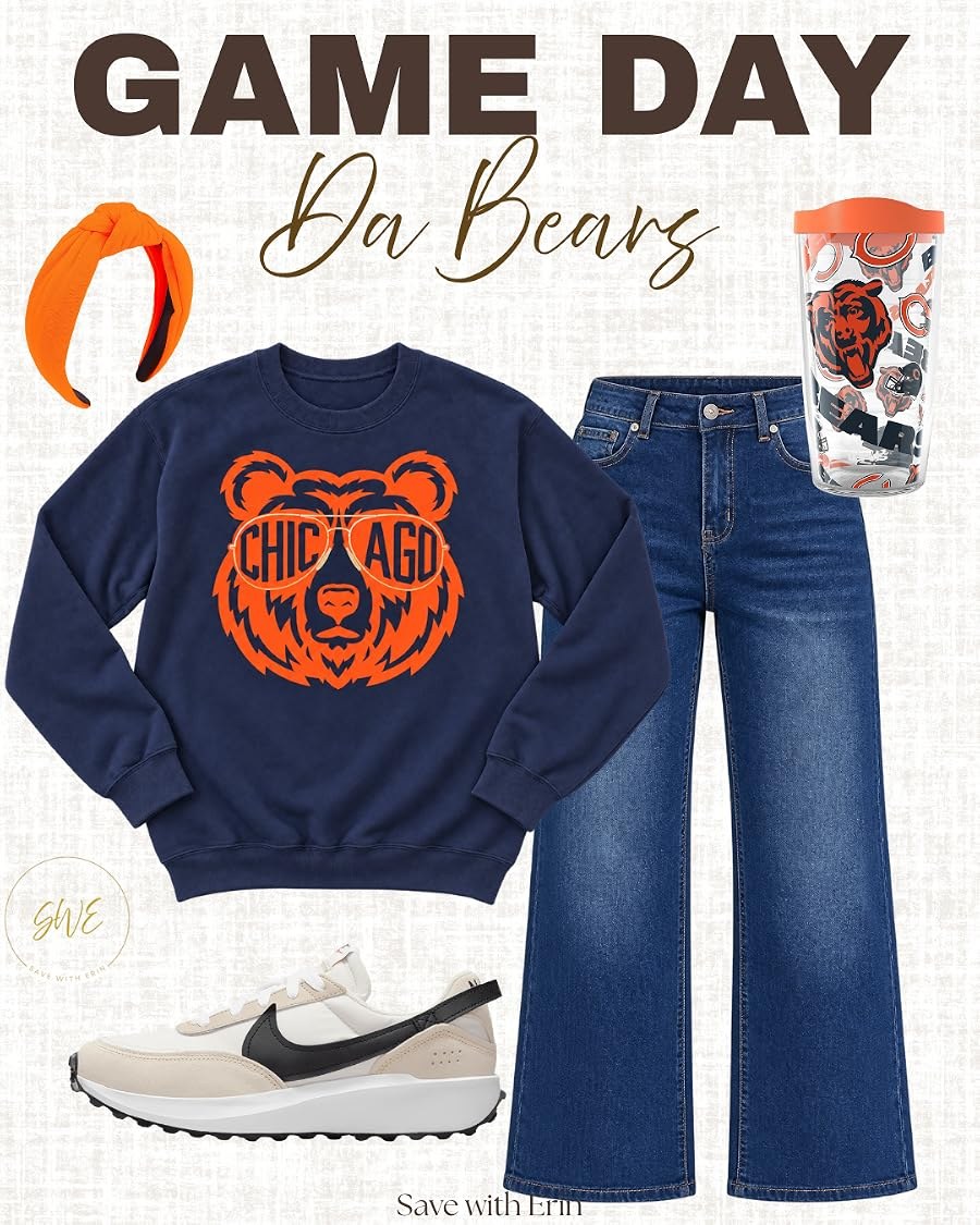 Chicago Bears game day outfit collage: navy Bears sweatshirt, jeans, and orange accents