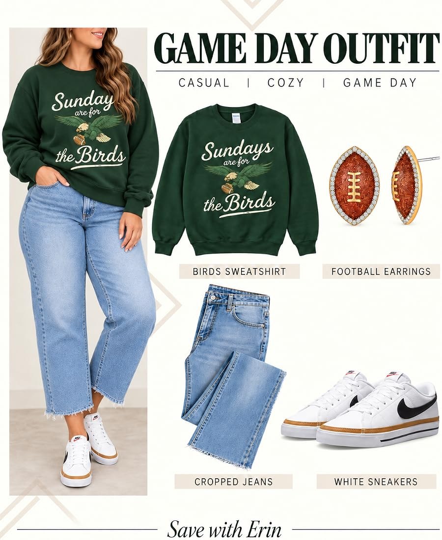 Philadelphia Eagles game day outfit collage: green Sundays are for the Birds sweatshirt, cropped jeans, and white sneakers