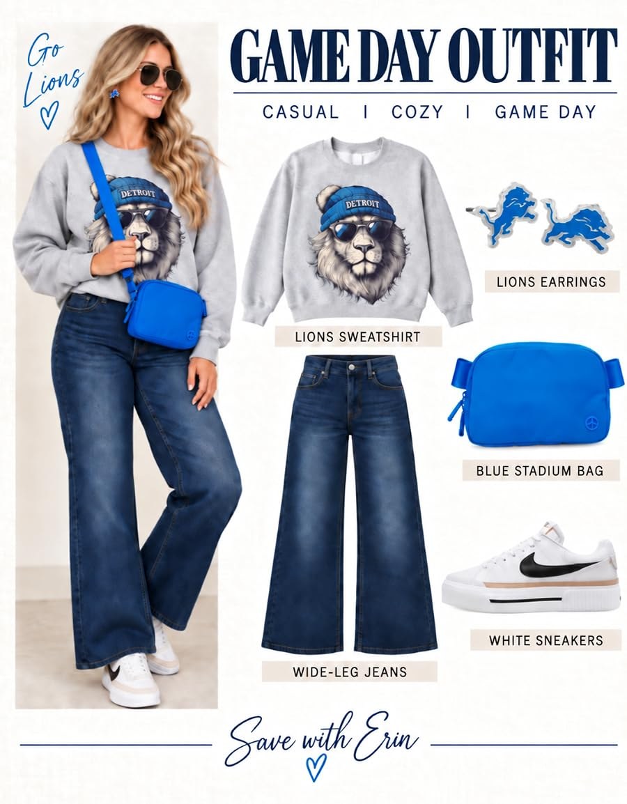Detroit Lions game day outfit collage: gray Lions sweatshirt, wide-leg jeans, white sneakers, and a blue stadium bag